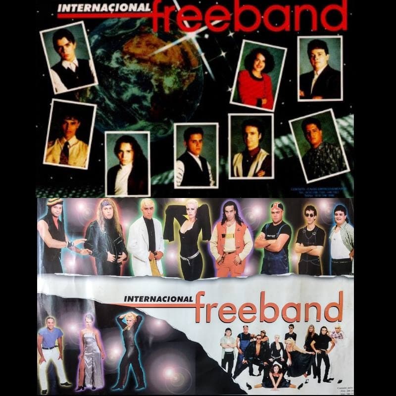 Cartaz dos anos 2000 com retratos dos integrantes sobre fundo espacial e duas fotos de grupo com o logotipo Internacional Freeband