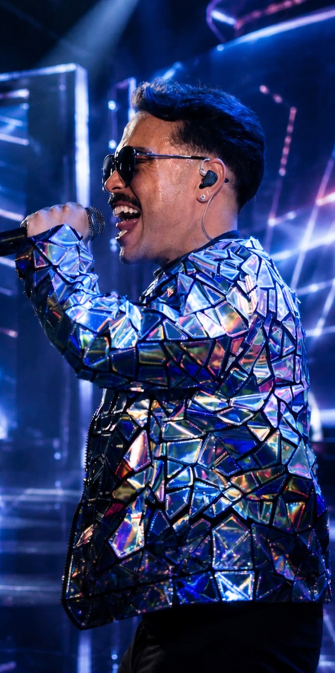 Vocalista cantando ao microfone sob iluminação neon azul